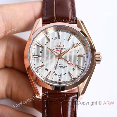 High Quality Replica OMEGA Seamaster Cowhide Brown 316 stainless steel Strap White Face Dial Rose Ceramic Bezel Fashion Watch 43mm